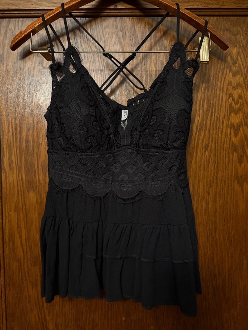 Zenana Outfitters Black Lace Tiered Spaghetti Strap Tank